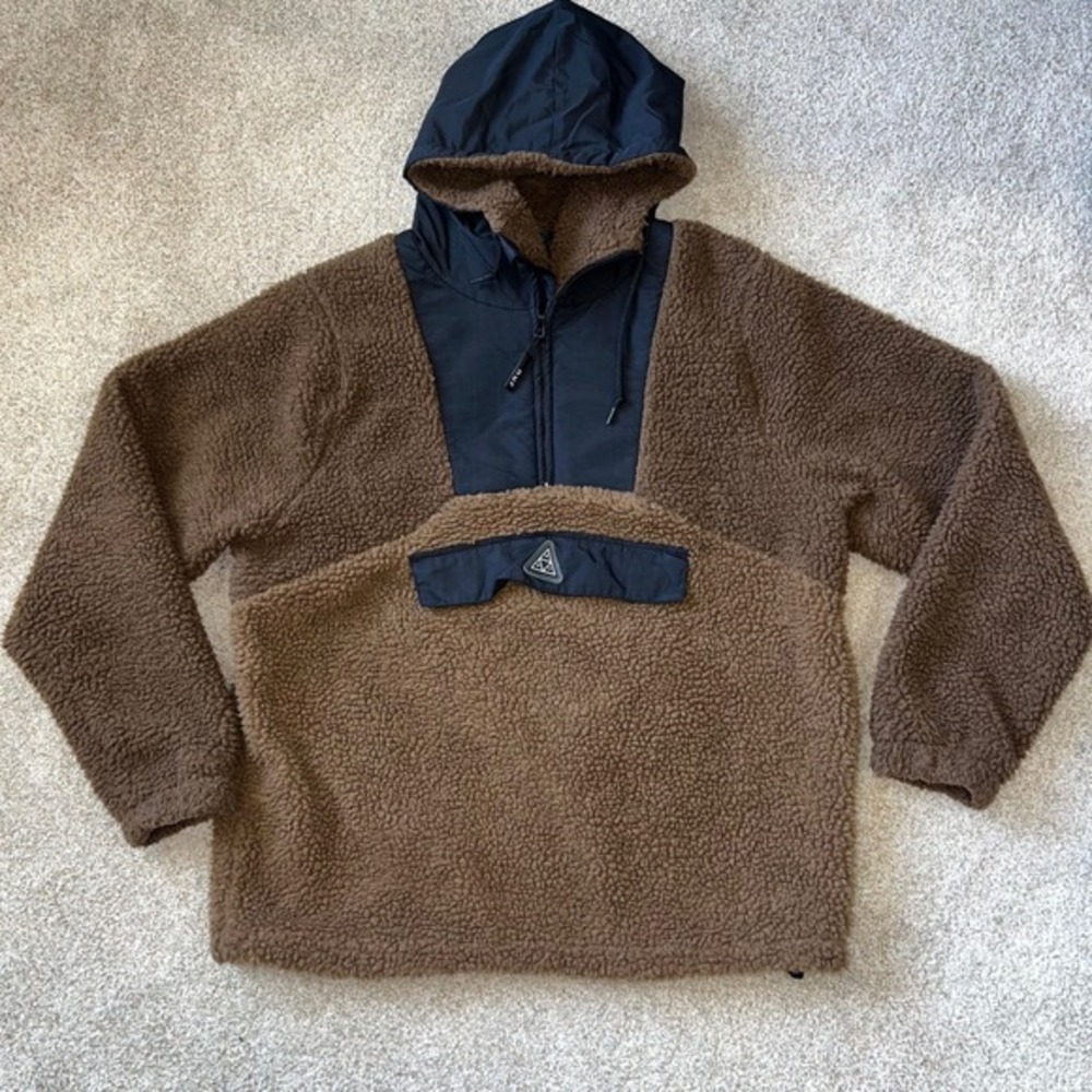 Huf‎ Andes Hooded 1/4 Zip Sherpa Pullover Jacket Brown Black Size Small Lined